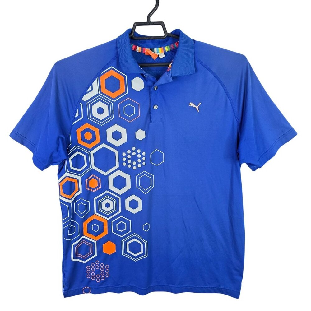Mens Puma Blue Hexagon Print Golf Polo Shirt Polyester Blend Short Sleeve Size L
